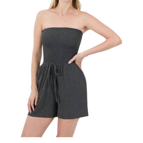 NEW ZENANA smocked shorts romper in charcoal - Picture 1 of 1